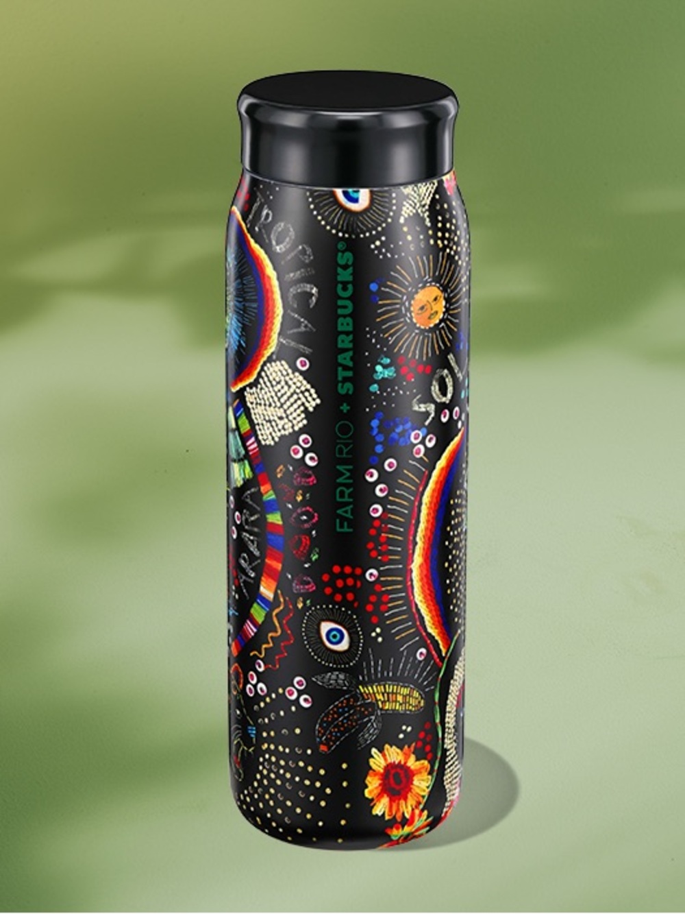FARM Rio Starbucks Black Multi-Color Floral & Sunburst Stainless Travel Tumbler